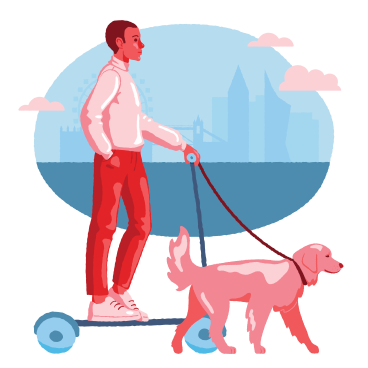 Man on kick scooter walks a dog PNG, SVG
