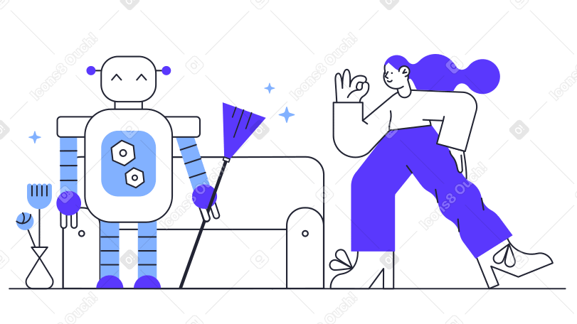Illustration La fille est heureuse avec le robot de nettoyage aux formats PNG, SVG