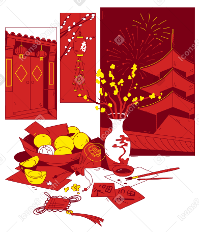 Традиционная сцена празднования лунного нового года. в PNG, SVG