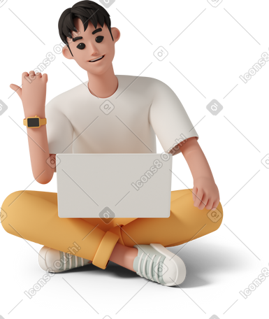 3D smiling young man with laptop sitting on floor PNG, SVG