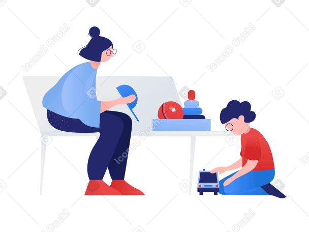 Woman sits on a bench looking after a boy playing with a toy car Illustration in PNG, SVG