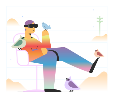 Homme dans un casque vr avec des oiseaux autour de lui PNG, SVG