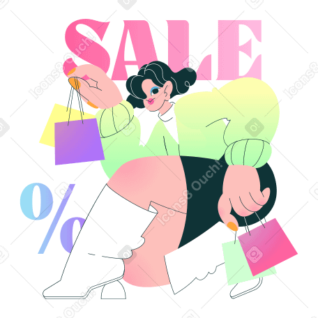 Venta de texto y mujer en cuclillas con letras de compras PNG, SVG