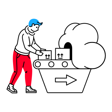 Man puts boxes on conveyor belt that moves them into the cloud PNG, SVG