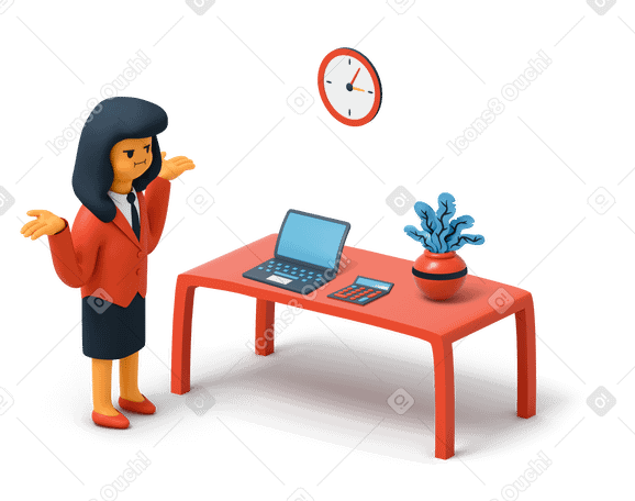 3D Business woman standing next to office table and throwing her hands up Illustration in PNG, SVG