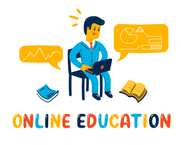 Online education text under a guy sitting with a laptop and books PNG, SVG