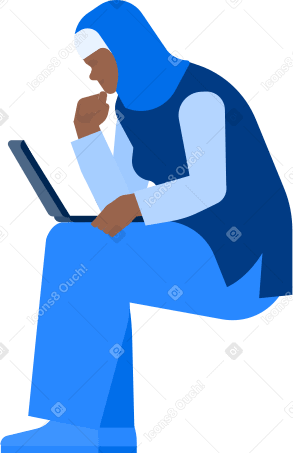 woman in hijab sitting and looking at laptop Illustration in PNG, SVG