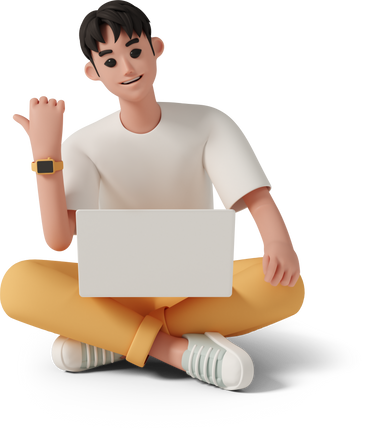 smiling young man with laptop sitting on floor в PNG, SVG