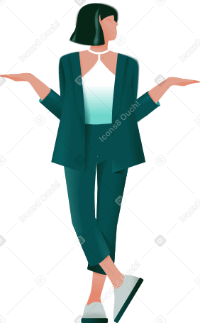 mujer en traje de pantalón se para con las piernas cruzadas PNG, SVG