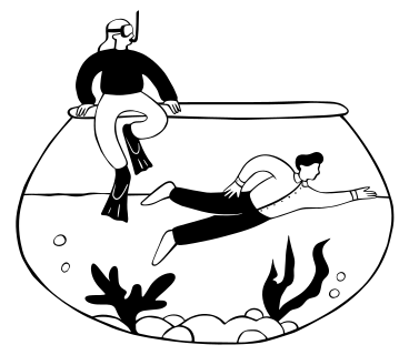 Processo di onboarding dei dipendenti, persone che si immergono in un acquario PNG, SVG