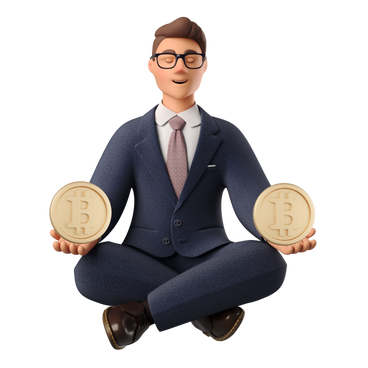 Businessman meditating with bitcoins in hands PNG, SVG