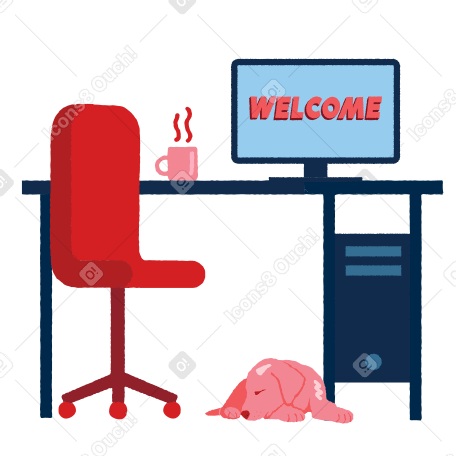 Интерьер домашнего офиса с настольным компьютером и приветственной надписью на мониторе в PNG, SVG