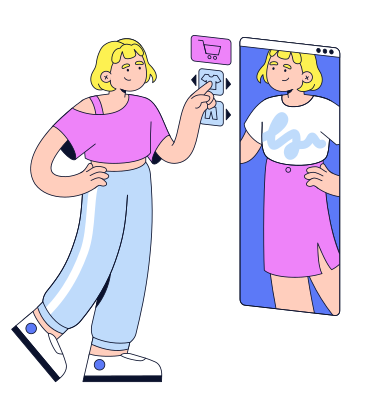 Young woman chooses clothes on a virtual screen PNG, SVG