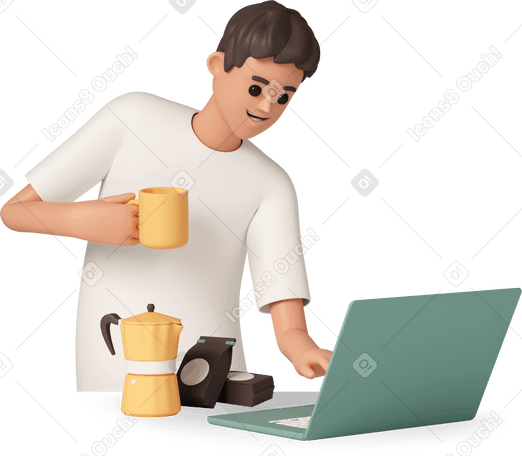 3D smiling man with cup of coffee looking at laptop PNG, SVG