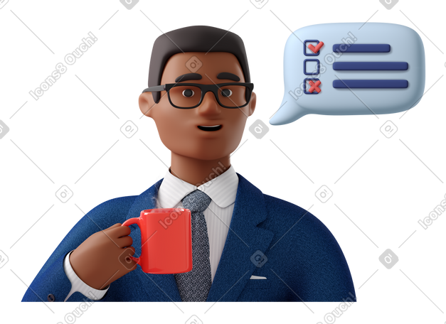 3D 在工作计划中拿着咖啡杯的商人 PNG, SVG