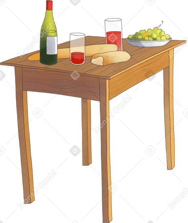 picnic table set with red wine, grapes and bread Illustration in PNG, SVG
