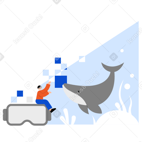 Young man wearing VR glasses and seeing a whale PNG, SVG