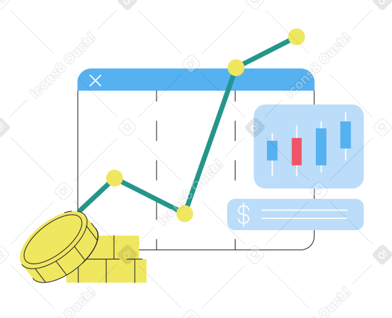browser windows with financial charts and stack of coins PNG, SVG