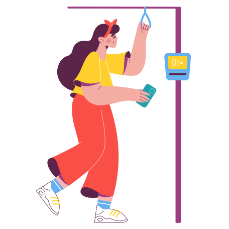 Girl pays for the trip by phone Illustration in PNG, SVG