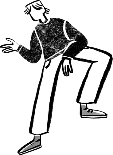 black and white long haired man talking with his leg on something PNG, SVG