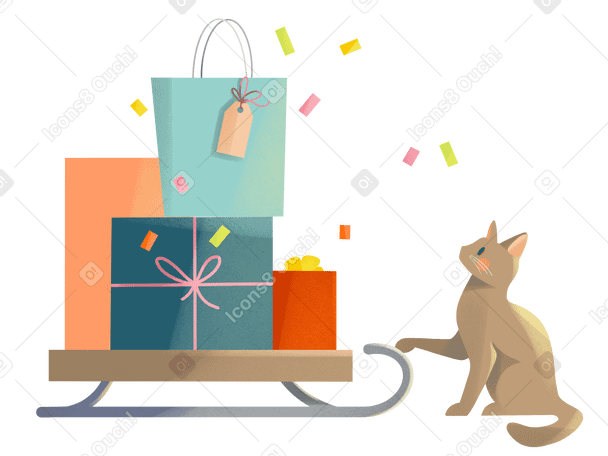 Cat is sitting next to the sleigh with gifts Illustration in PNG, SVG
