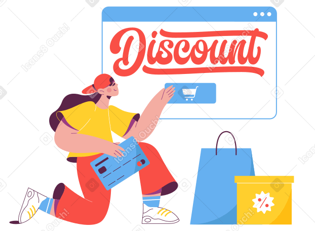 Надпись «скидка» в браузере и женщина, делающая покупки в интернете, текст в PNG, SVG