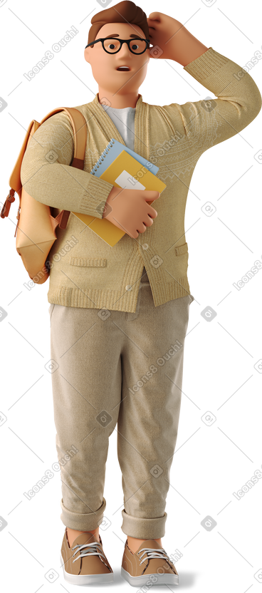 Student with a backpack scratching his head PNG, SVG