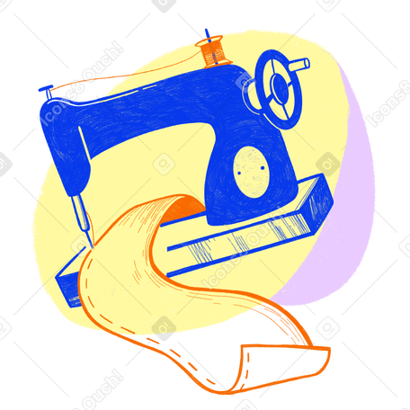 Working with fabric on a blue sewing machine Illustration in PNG, SVG
