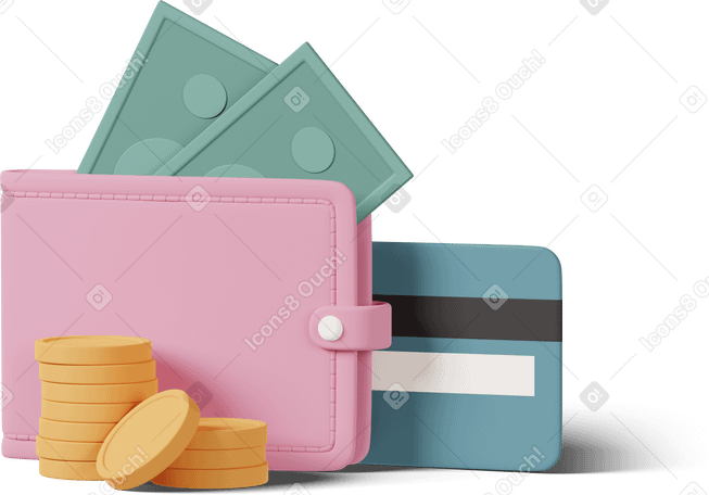 3D wallet with banknots credit card and coins Illustration in PNG, SVG