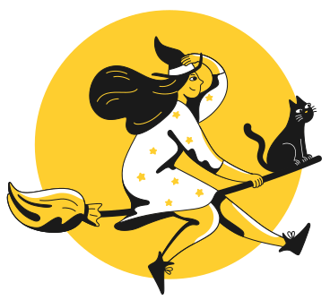 Witch flying on a broomstick with a black cat PNG, SVG
