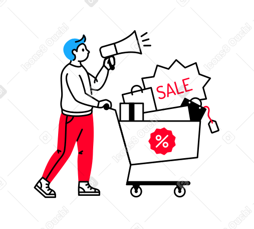Man with shopping cart full of items advertising sale using megaphone Illustration in PNG, SVG