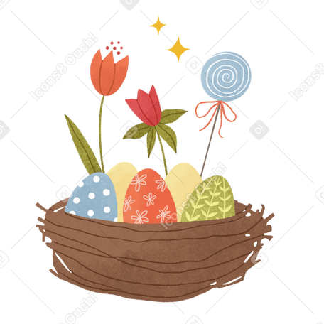 easter eggs in a nest with flowers and lollipop Illustration in PNG, SVG