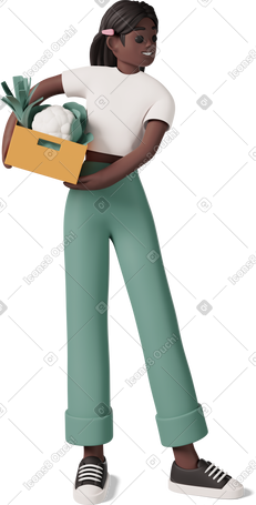 3D black girl holding box of vegetables PNG, SVG