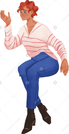 sitting woman in striped longsleeve and blue jeans Illustration in PNG, SVG