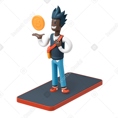 3D Uomo con moneta bitcoin in piedi sul telefono PNG, SVG