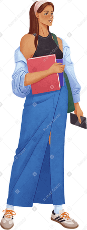 woman in long jeans skirt standing and holding a phone in her hand PNG, SVG