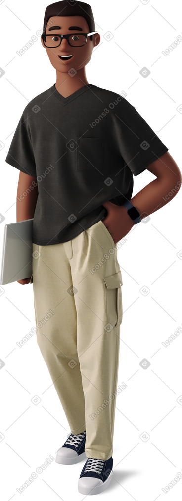 Young man standing with laptop PNG, SVG