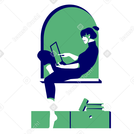 Remote work, woman sitting in relaxed pose on the window with iPad in her hands Illustration in PNG, SVG