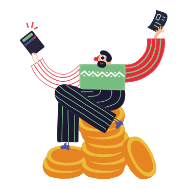 Man sitting on coins and holding calculator and documents PNG, SVG
