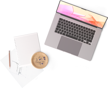 top view of laptop, two sheets of paper, cup of tea, pencil and pins PNG, SVG