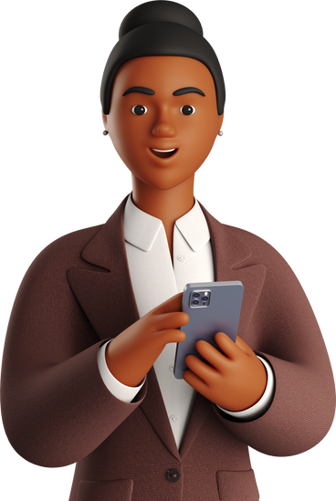 black businesswoman in brown suit with phone looking straight PNG, SVG