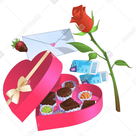 Geschenke zum valentinstag: schachtel pralinen, rose und liebesbrief PNG, SVG