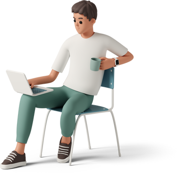 Мальчик сидит с ноутбуком и чашкой в PNG, SVG
