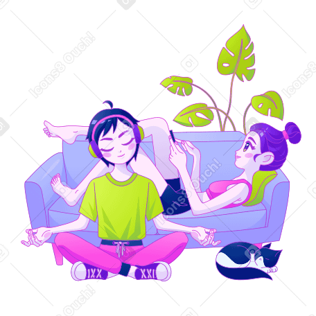 Teenagers relaxing at home on the sofa with a cat Illustration in PNG, SVG