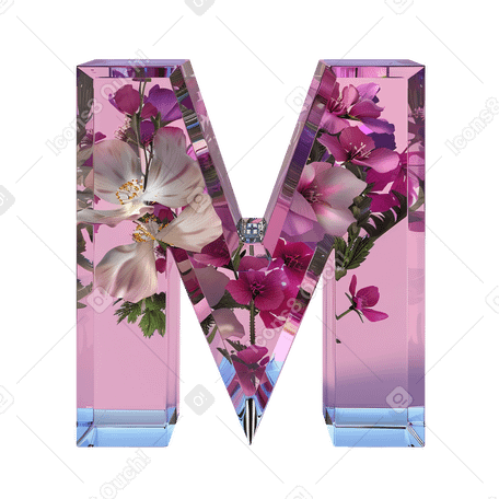 Letra m de cristal con flores en el interior. PNG, SVG