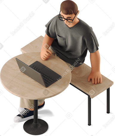 3D young man sitting and working with laptop PNG、SVG