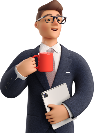 3D businessman in dark blue suit with coffee mug holding tablet PNG, SVG