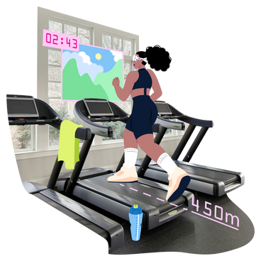 Young woman in vr glasses running on treadmill PNG, SVG