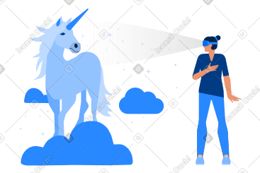 戴着 vr 耳机的女人看到独角兽 PNG, SVG