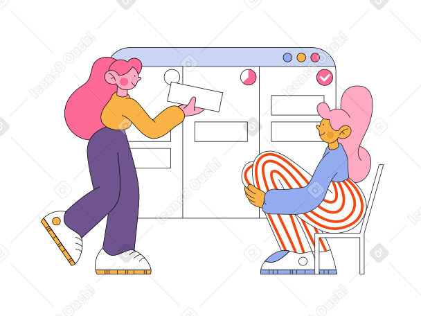 Girls place the cards on the Kanban board PNG, SVG